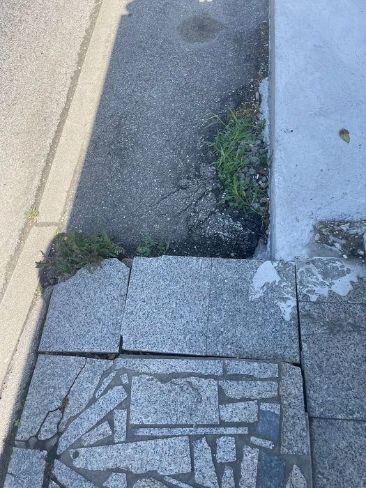 Uneven sidewalk with cracked pavement (121669)