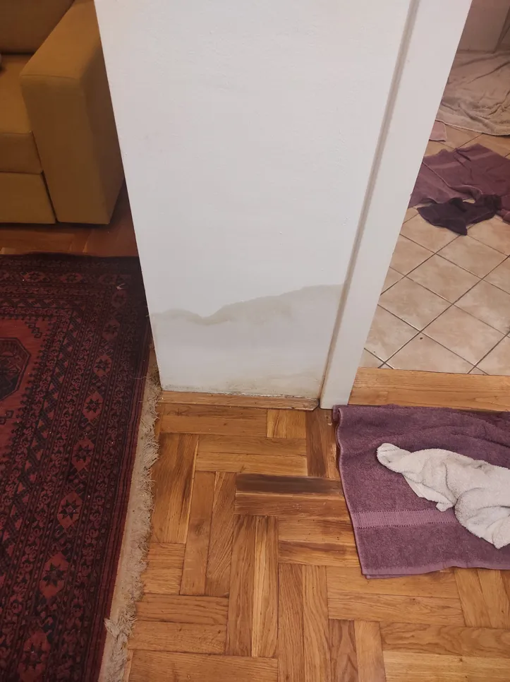 Oštećenje od vode na unutarnjem zidu Vidljiva mrlja od vode na unutarnjem zidu blizu podnih dasaka, što ukazuje na mogući curenje ili problem s vlagom.