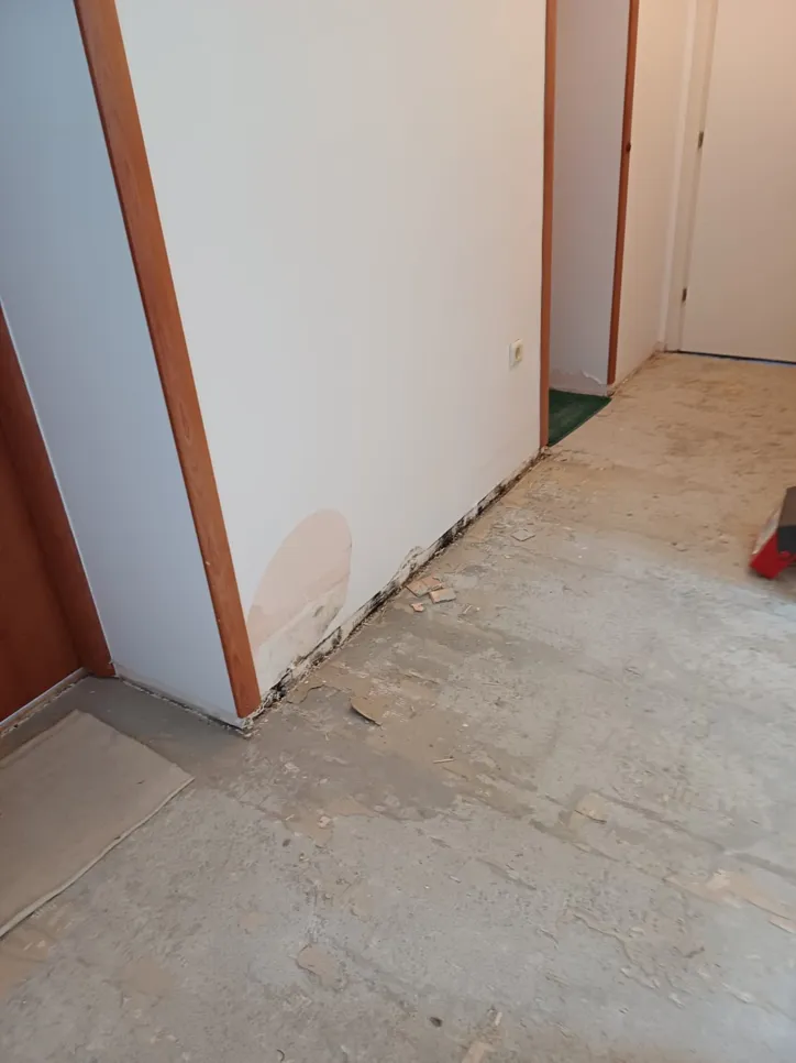 Oštećenje poda vodom blizu zida Vidljivo oštećenje vodom na zidu i podu blizu bijelog hodnika, što ukazuje na moguće probleme s curenjem.